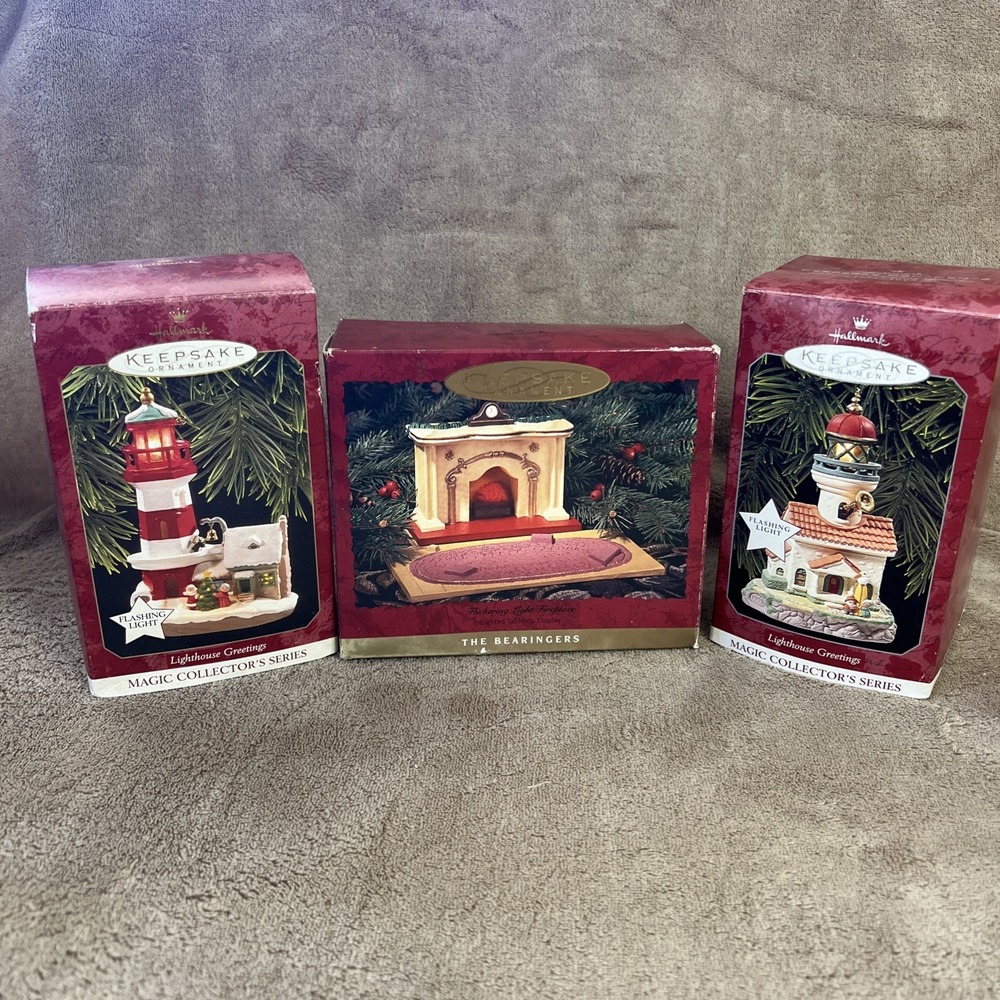 Vtg 90's - 3 Hallmark Keepsake Ornaments 1 Bearingers 2 Lighthouse Magic Light